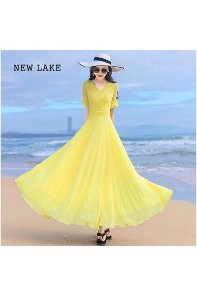 NEW LAKE2024夏季新款黄色雪纺连衣裙长款修身显瘦大摆裙子沙滩长裙飘逸女