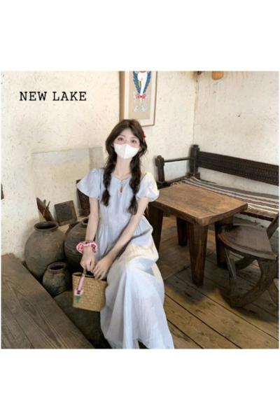 NEW LAKE夏季新款女装气质收腰盘扣长裙国风裙子纯色短袖新中式蓝色连衣裙
