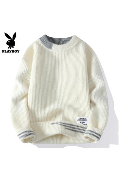 花花公子秋冬季圆领毛衣男款潮流宽松休闲线衣服拼色针织打底衫男