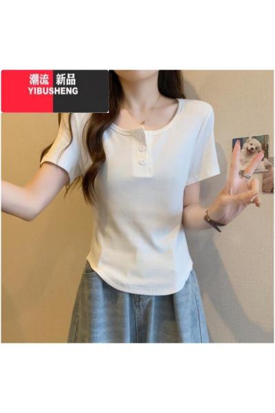 YIBUSHENG大码胖MM季2024新款短袖T恤女遮肉显瘦正肩设计感短款上衣