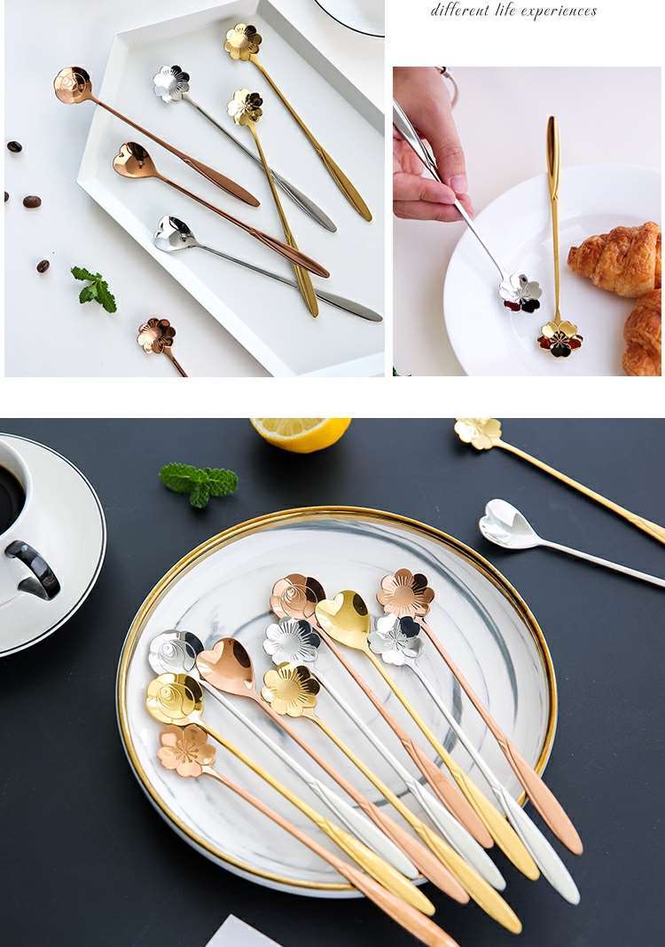 川岛屋创意可爱樱花勺花瓣咖啡勺长柄搅拌勺韩式甜品不锈钢小勺子银色