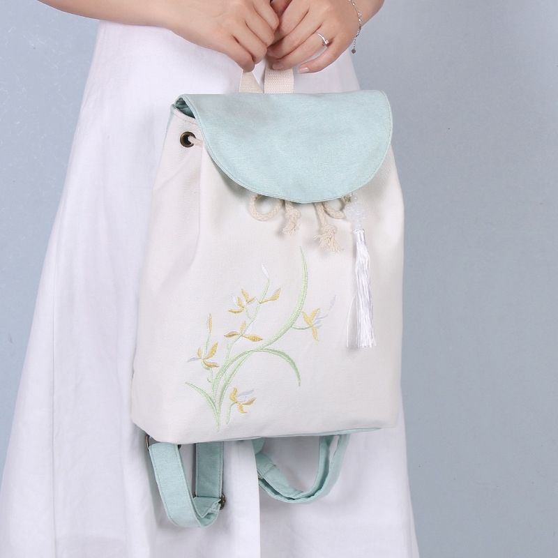 古风书包女复古中国风文艺双肩包背包学生书包民族风双肩包浅蓝送莲花