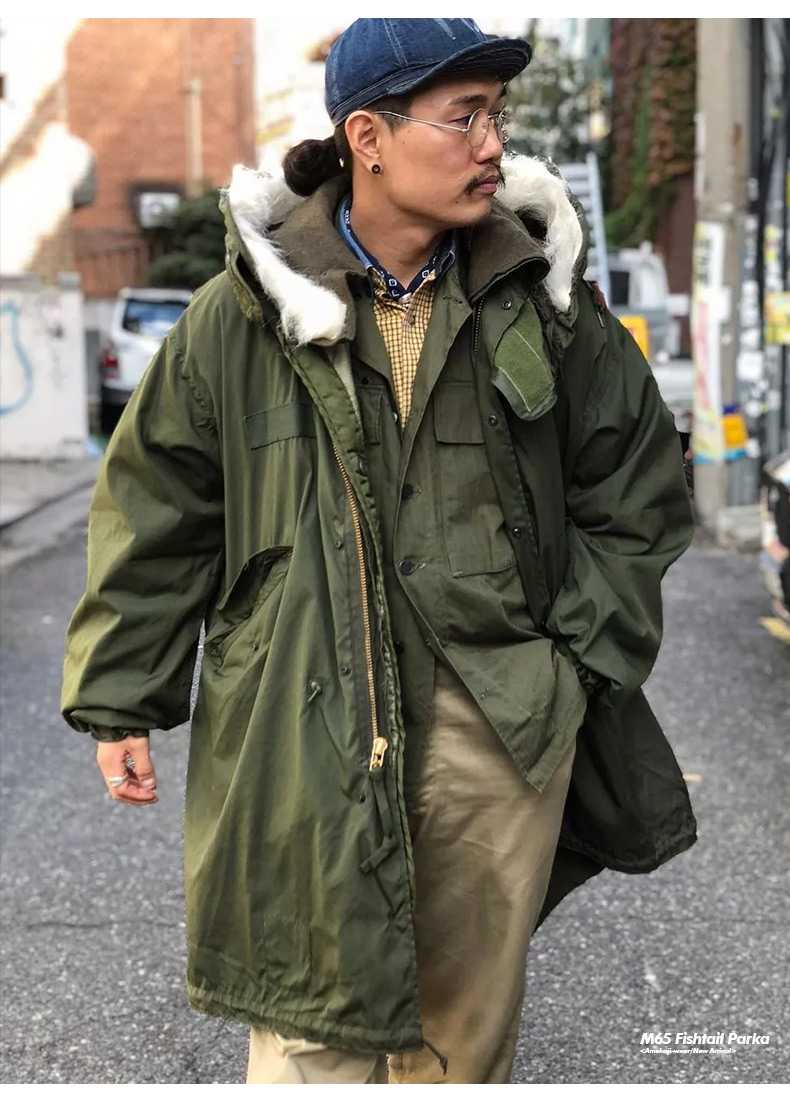 baluoshang马登工装美式复古二战m65派克鱼尾风衣连帽长款外套军大衣