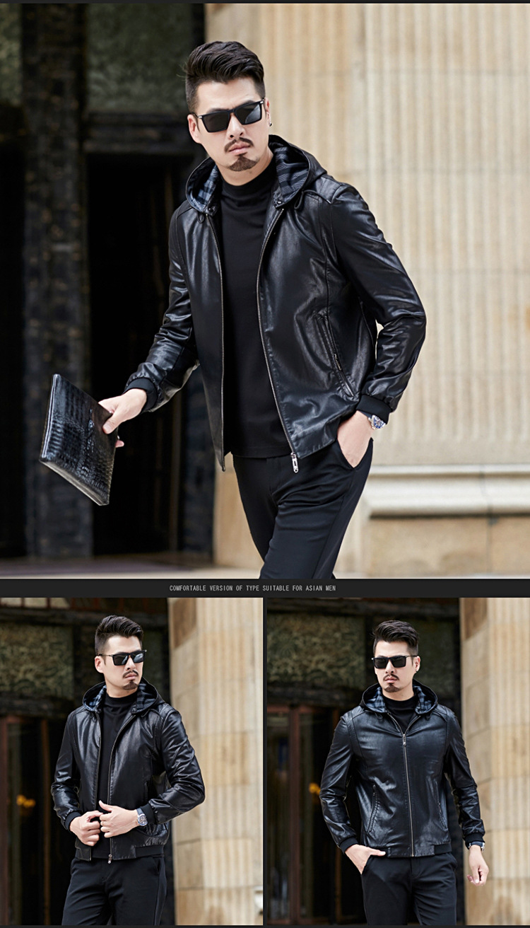 【9折】恒源祥秋装连帽仿皮衣外套2020春秋中年男士休闲薄款皮夹克