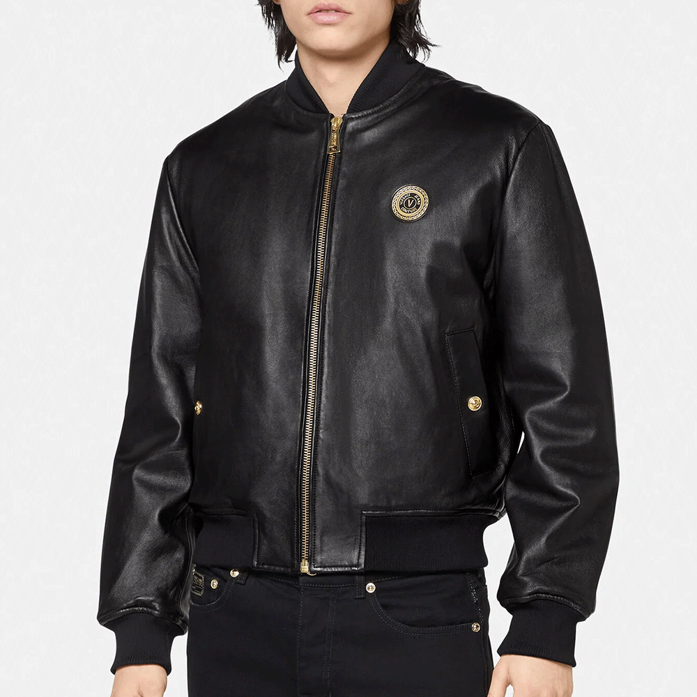 versacejeanscouture范思哲男女同款黑色微标饰仿皮飞行员夹克外套e71