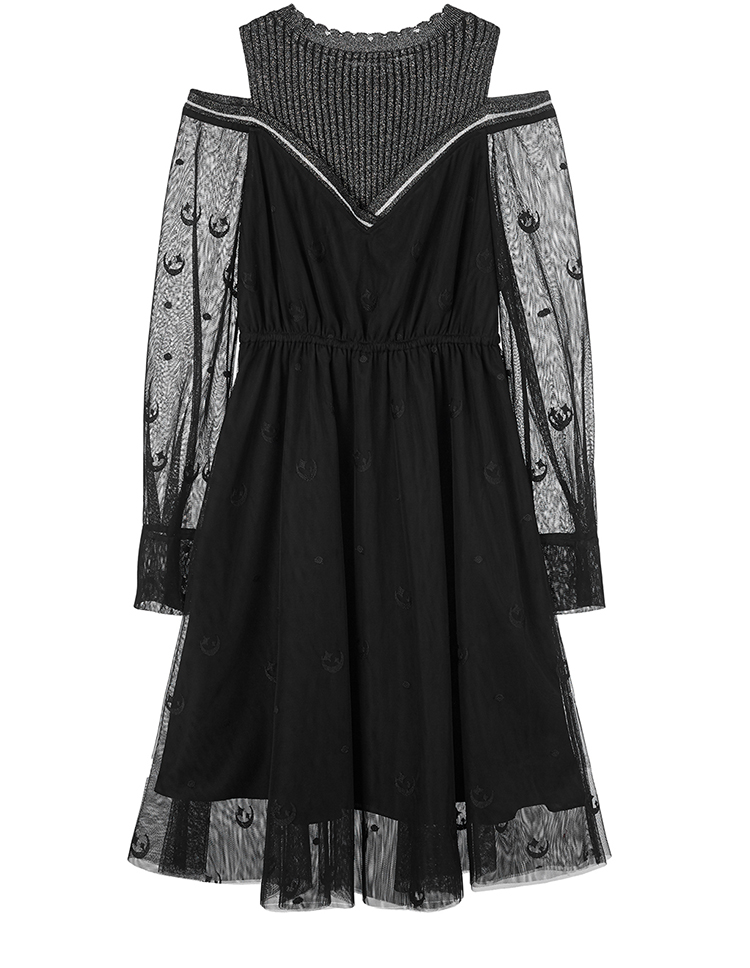 锐倪连衣裙 锐倪黑色纱拼接连衣裙春夏款露肩收腰法式复古少女裙桔梗