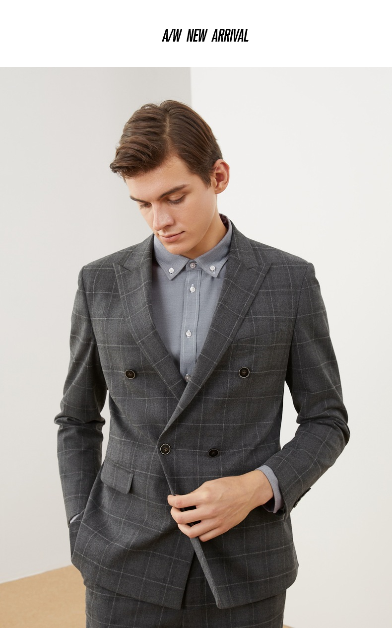 柒牌男装混纺套西格子双开衩西服套装戗驳领复古英伦风西装长裤外套