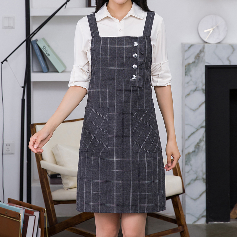 咖啡品牌双肩围裙格子显瘦全棉家用防尘防污柔软单层透气棉布料围腰女