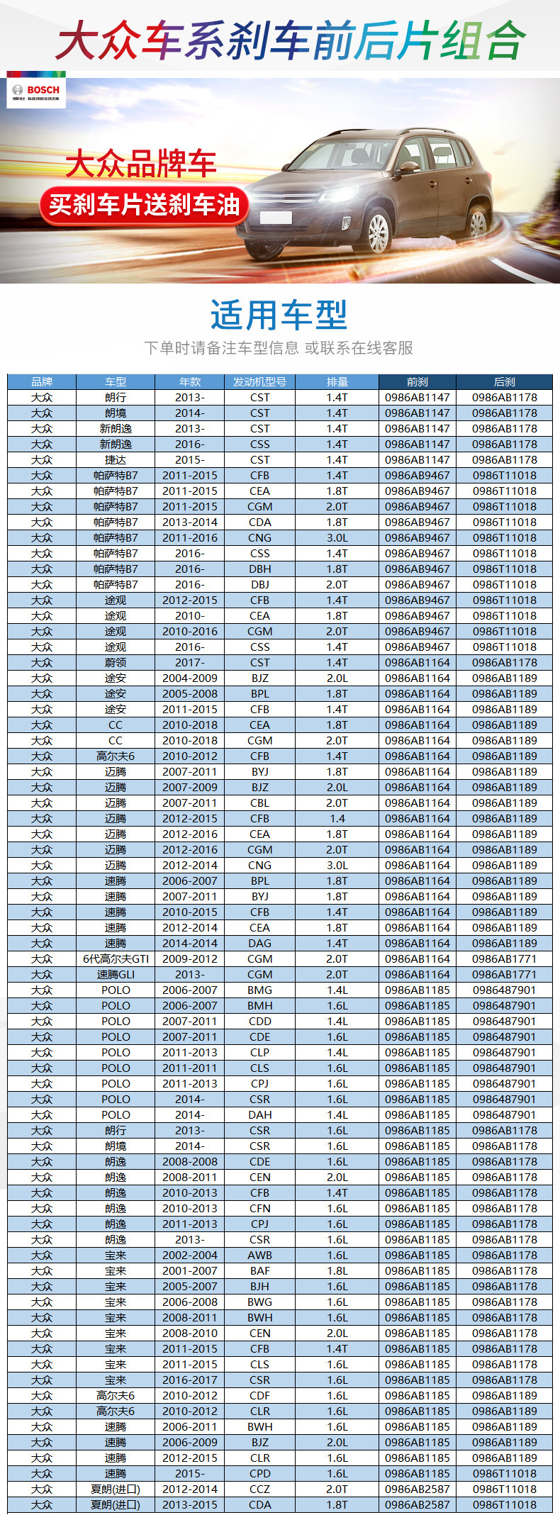 刹车片适用夏朗polo朗行朗逸帕萨特高尔夫前后刹车片组合套朗行朗境16