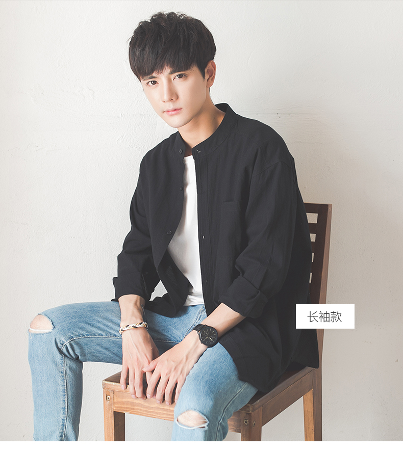 newlake秋季立领七分袖白衬衫男士韩版潮流衬衣无领秋装男生帅气休闲