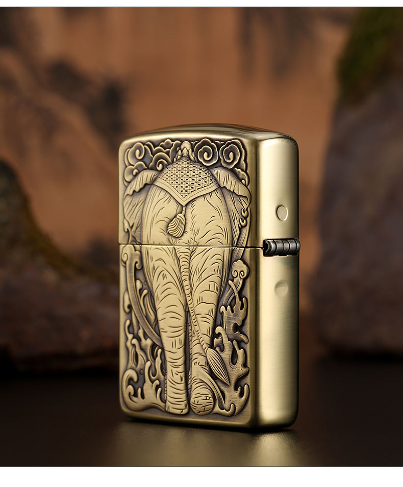 zippo正版打火机防风煤油男士火机六牙白象王金色盔甲机
