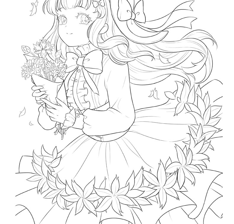 《鹏辰正版花与萌娘 动漫线稿手绘涂色集 动漫卡通人物绘画技法 动漫