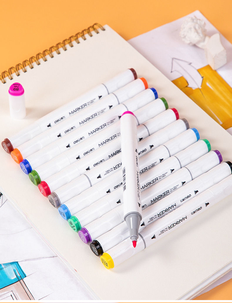 《得力马克笔初学者套装24色36色48色双头漫画水彩笔盒装三角绘画笔