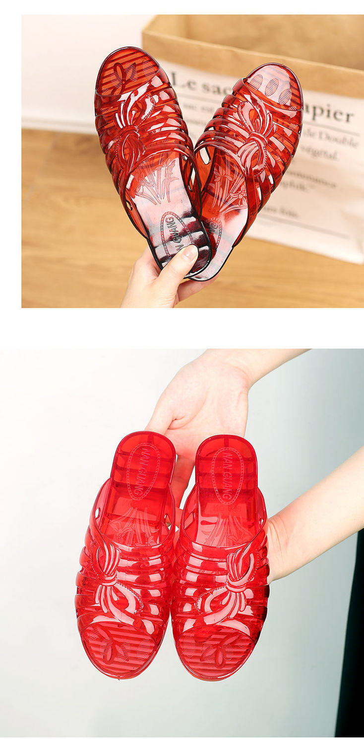 水晶拖鞋女果冻防滑女士室外拖鞋家居浴室塑料凉拖鞋透明防臭坡跟红色