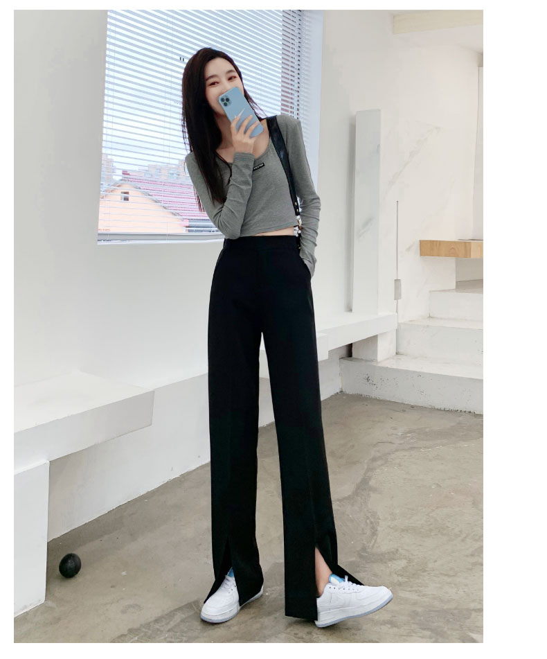 班俏banqiao开叉阔腿裤女春季直筒高腰小个子休闲喇叭开衩拖地裤子