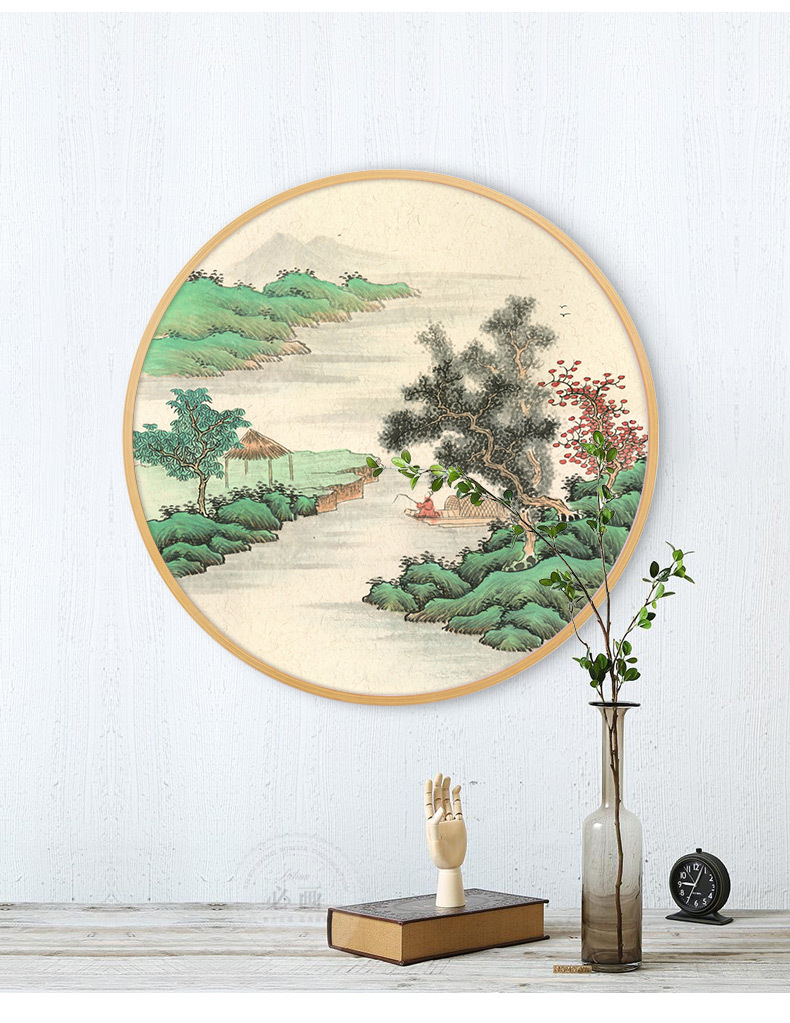 超级新品 新中式山水画圆框装饰画酒店书房沙背景墙壁画风景玄关挂画