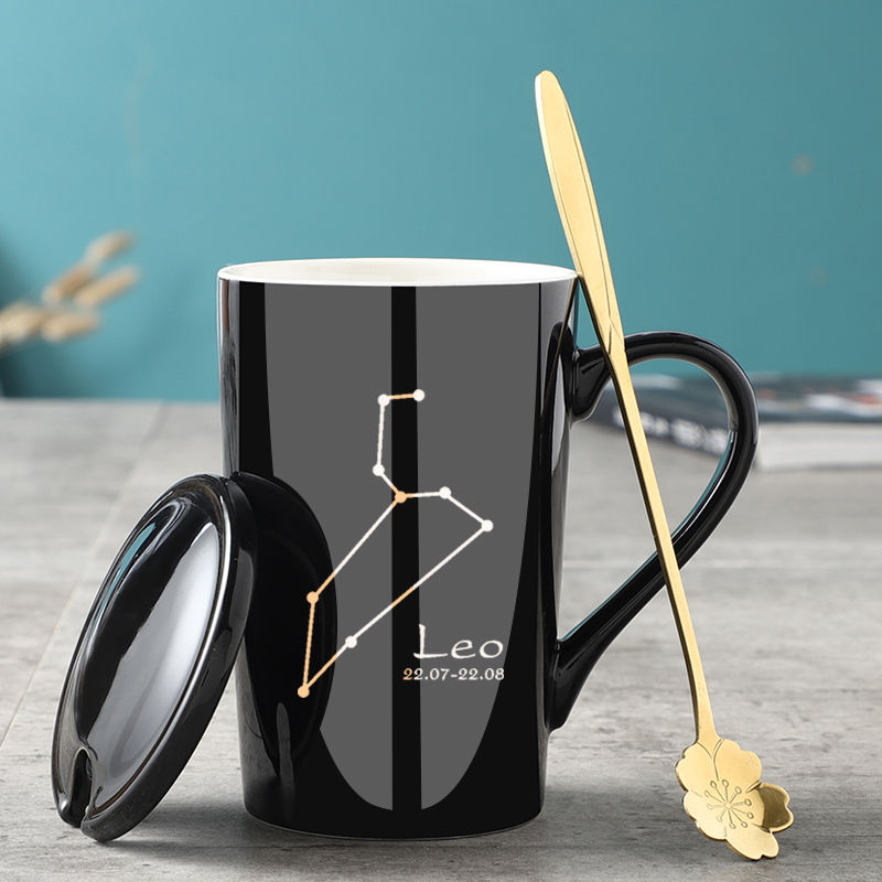 马克杯带盖勺陶瓷杯子大容量咖啡杯韩版女可爱水杯家用茶杯 水瓶座