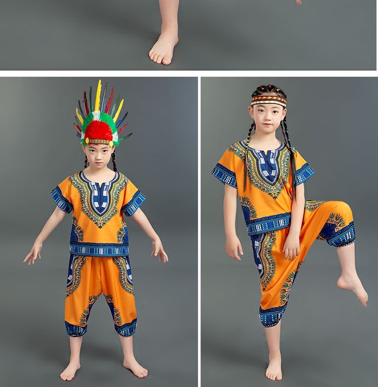 非洲鼓演出服套装男女印第安人舞蹈成人儿童傣族民族风表演服绿红头饰