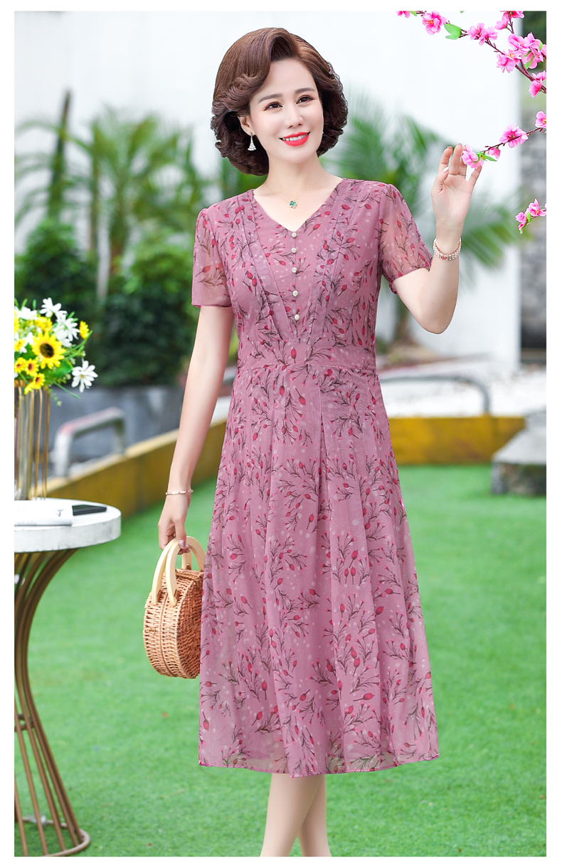 粉色xl妈妈夏装短袖连衣裙中长款修身显瘦中老年人女雪纺碎花长裙子