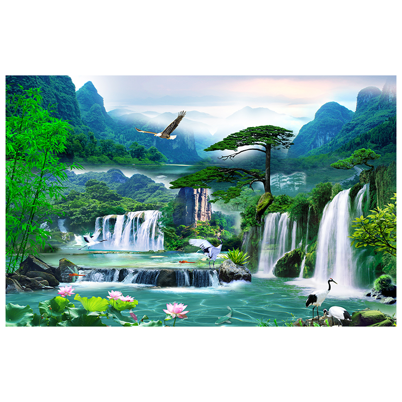 山水背景墙贴画自粘迎客松流水生财风景壁画客厅装饰画墙贴纸定制