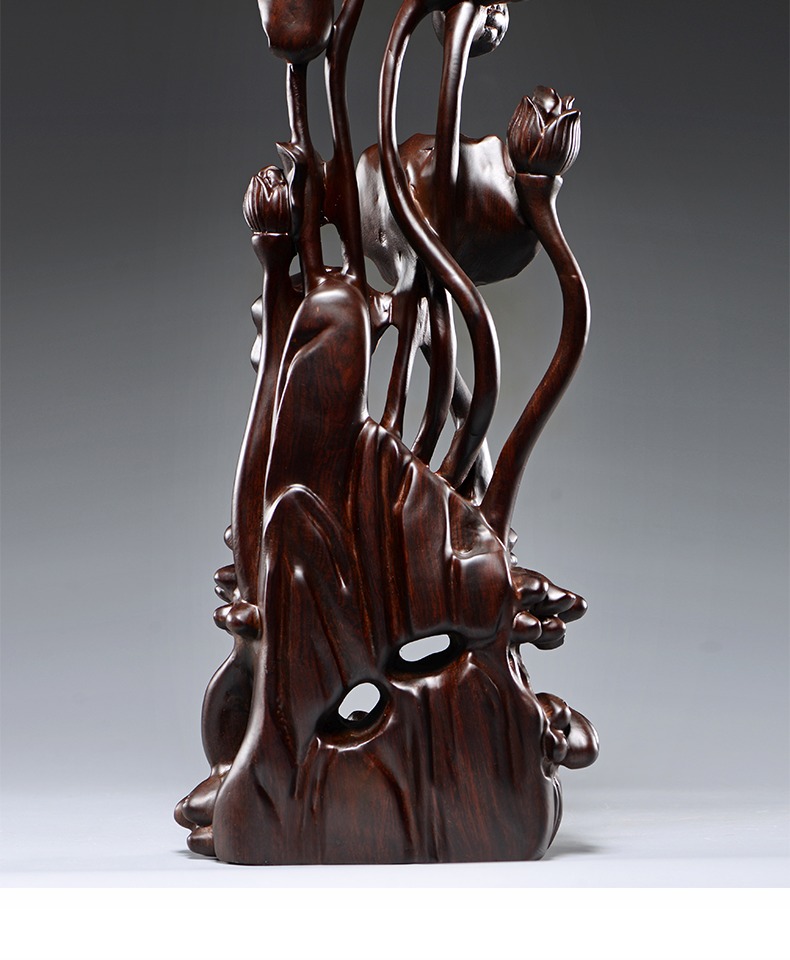 黑檀木年年有鱼根雕荷花雕刻摆件红木家居装饰工艺品开业乔迁送礼