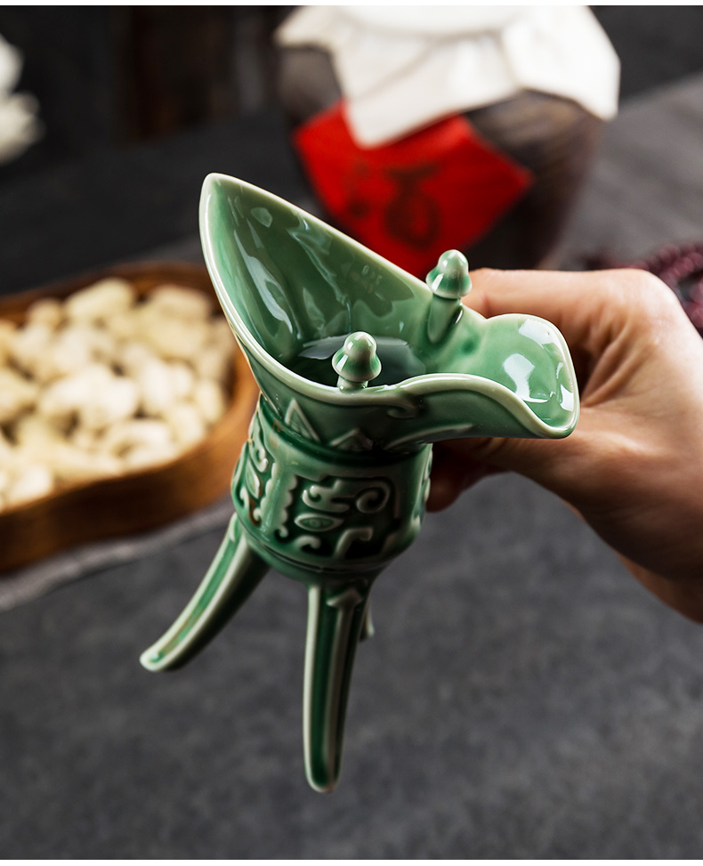 三维工匠复古酒杯陶瓷青瓷爵杯白酒杯高脚杯烈酒杯酒具分酒器中式创意