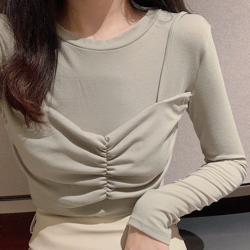 孜牧欧货小众设计感气质成熟收腰长袖t恤女早秋时髦修身显瘦打底上衣