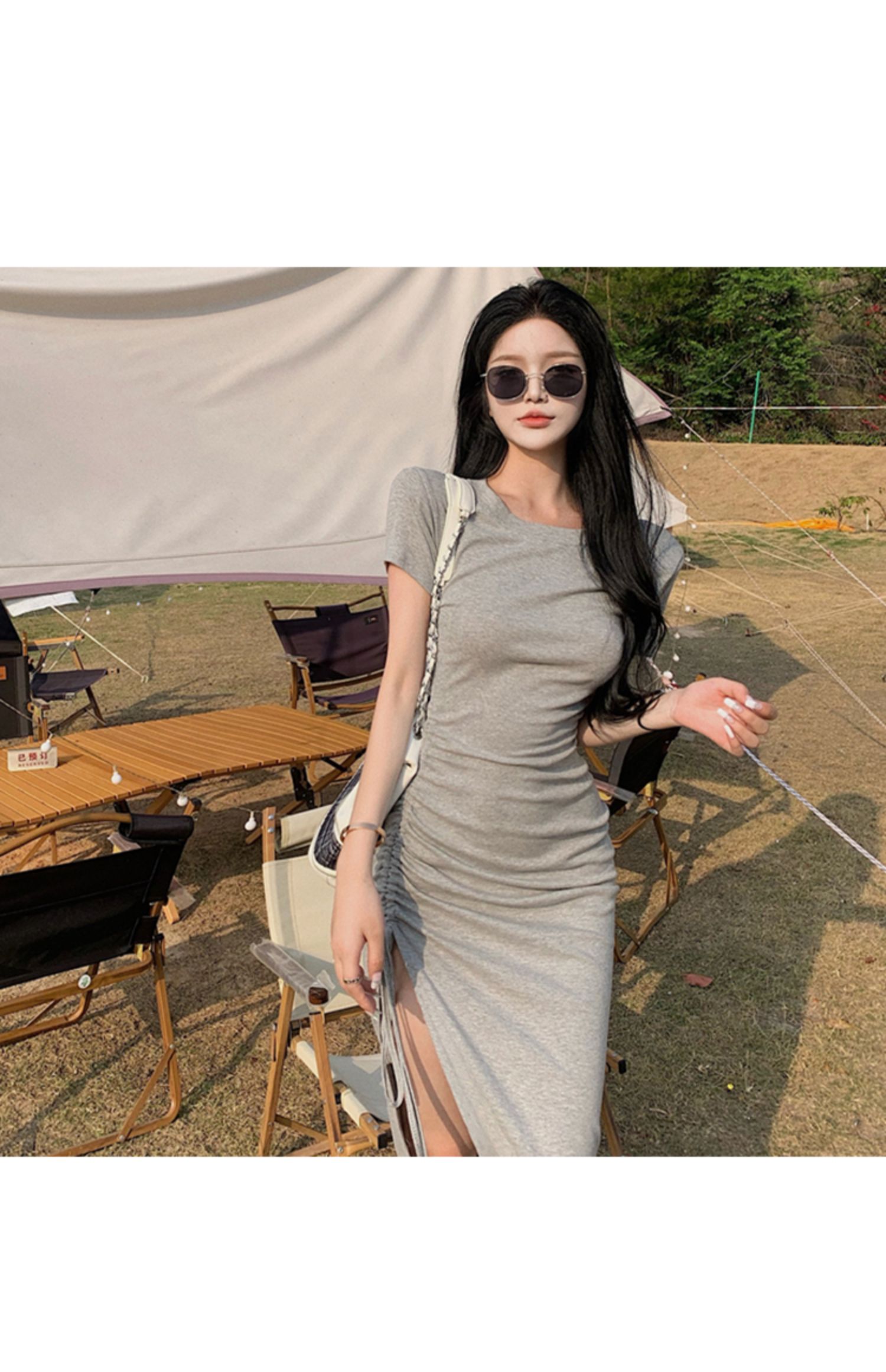 连衣裙御姐轻熟风女夏包臀黑色长裙气质紧身薄款性感抽绳开叉裙子黑色