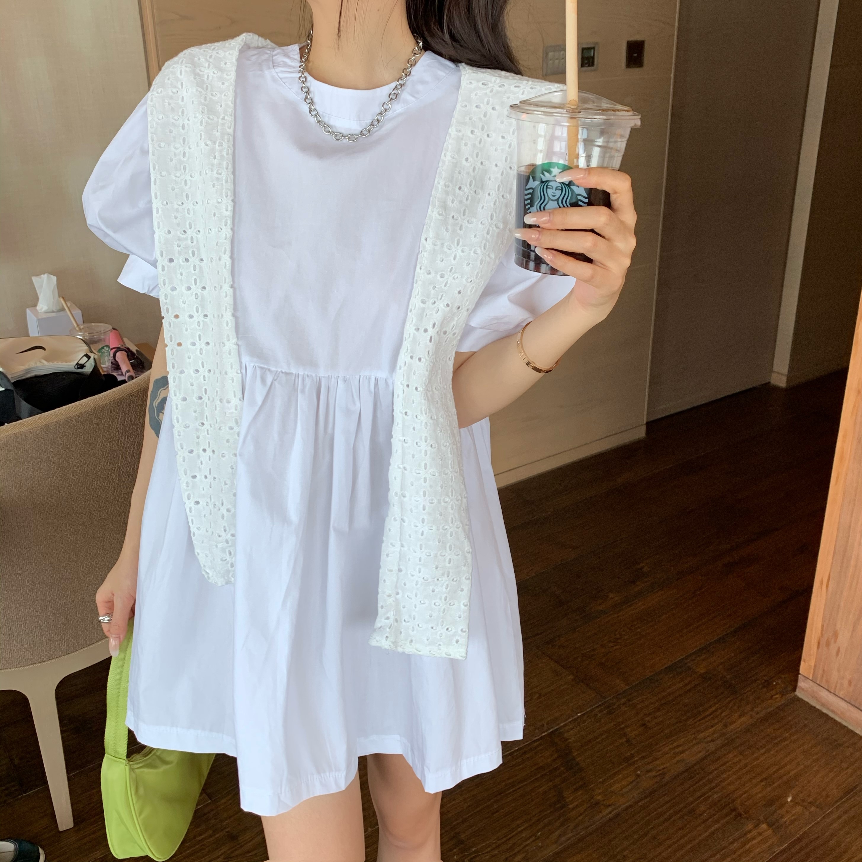 2020夏装新款甜美可减龄宽松连裙蕾披肩圆领泡泡袖娃娃裙女