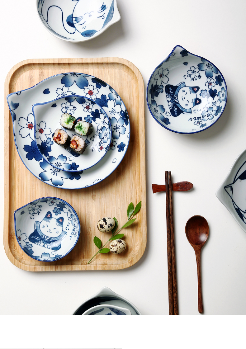 日式好看漂亮的盘子碗碟餐具套装家用创意可爱网红猫咪面碗ins风 国泰