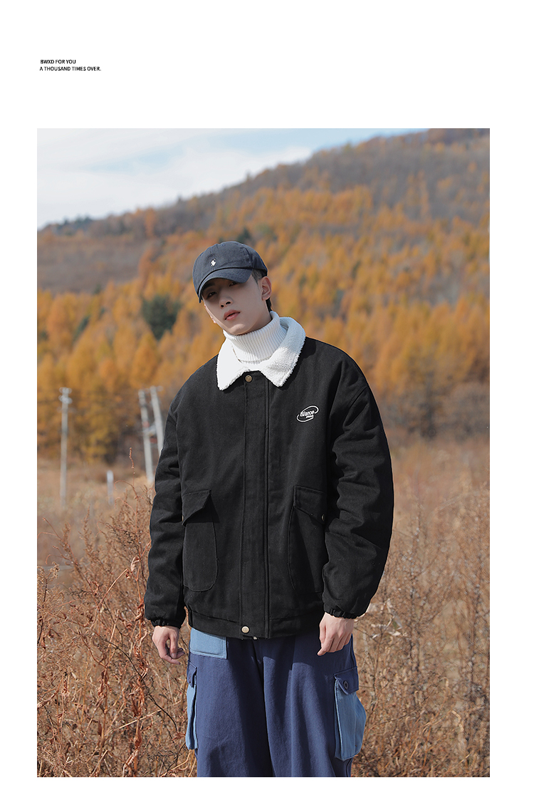 2019冬季新款日系男装羊羔毛翻领外套男士百搭宽松加厚夹克潮上衣 林