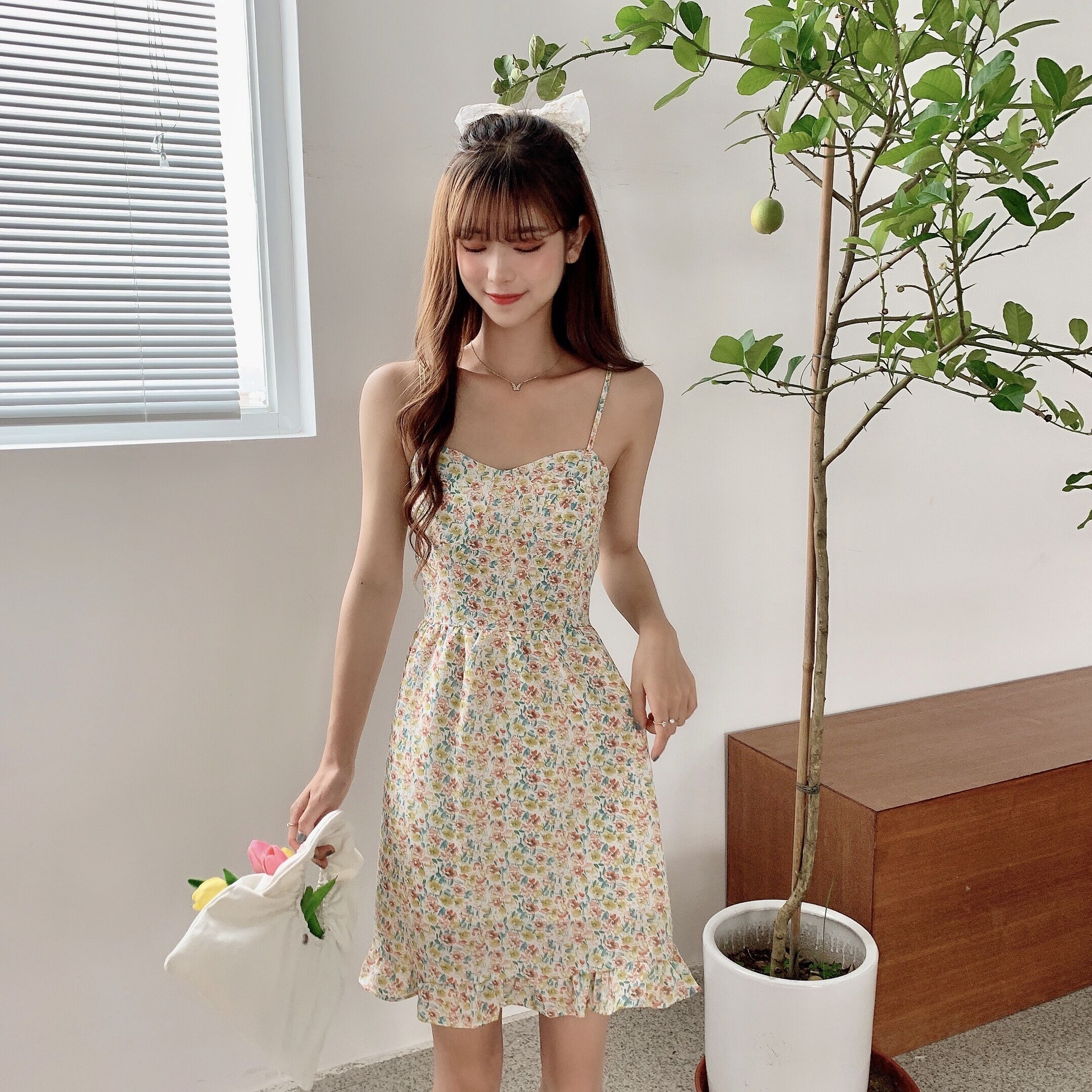 ectic连衣裙 2020夏装新款甜美少女荷叶边连裙收腰显瘦小个子碎花吊带