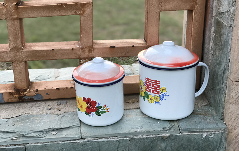 封后经典怀旧杯子搪瓷杯带盖结婚双喜陶瓷缸铁茶缸老式复古水杯大容量