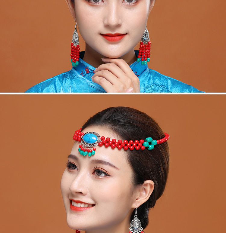 蒙古舞蹈演出头饰女少数民族耳环成人藏族蒙古族服装额头配饰珠子红色