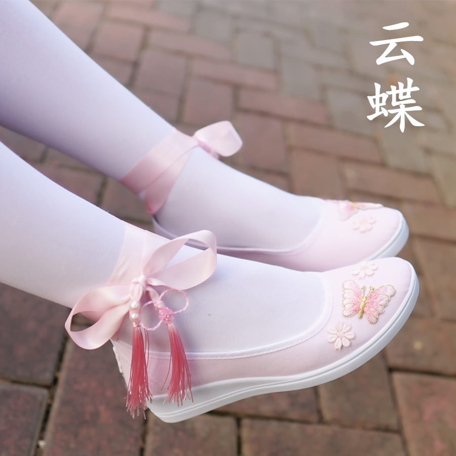 蓝色刺绣坡跟无绑带送白色丝袜34学生舞蹈古风改良汉服鞋子女配古装