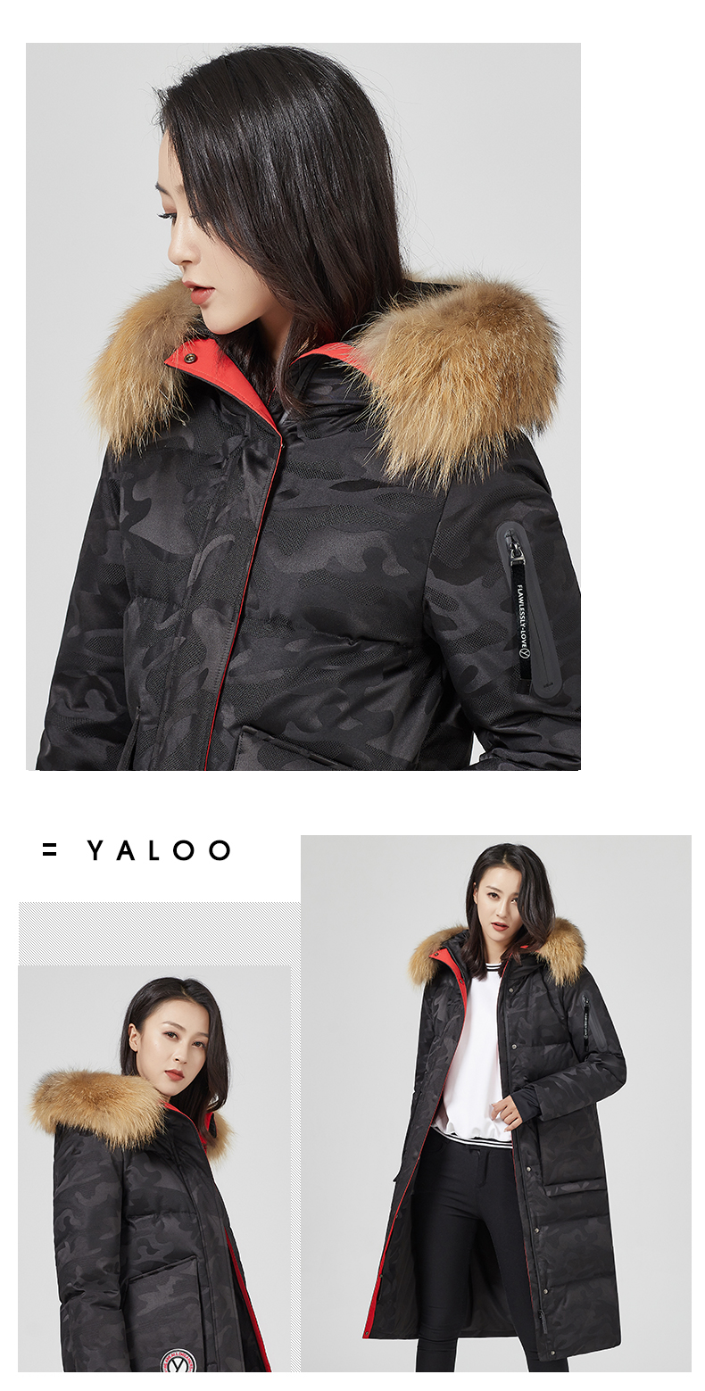 yaloo雅鹿羽绒服女中长款2019新款鹅绒韩版大毛领过膝羽绒外套m