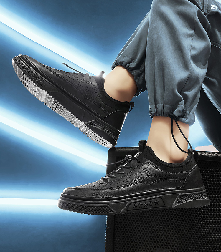 枫述男鞋夏季透气薄款板鞋一脚蹬休闲皮鞋防水防滑黑色厨师工作潮鞋子