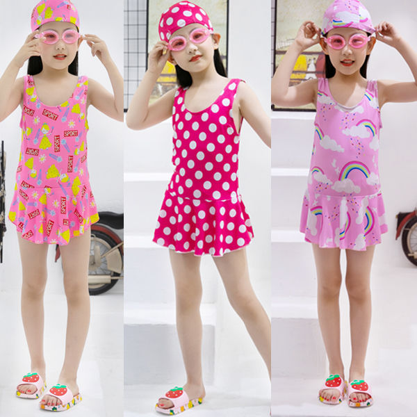 送泳帽套装女童泳衣连体宝宝裙式裤小中大童游泳衣泳装儿童比基尼