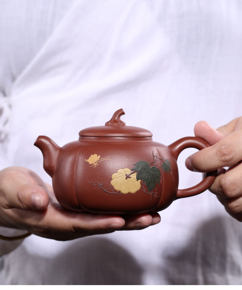 皇木御宝紫砂壶原矿红泥纯手工制钱陶峰茶壶蝶恋花南瓜壶茶具