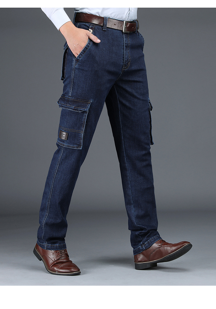 jeep spirit男士牛仔裤 jeep吉普秋冬加厚多袋牛仔裤弹力直筒中腰宽松