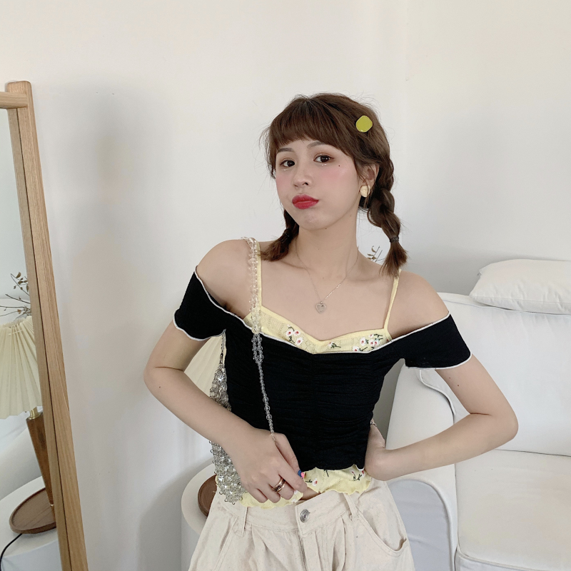 2020夏季新款短款泫雅风上修身显瘦字肩露脐短袖心机t恤女ins