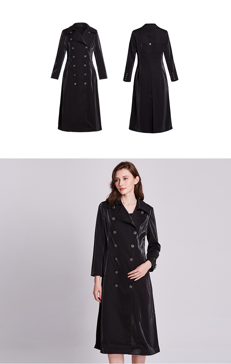kaiser凯撒女装春季新款中长款翻领修身丝绒双排扣过膝风衣外套女fwaw