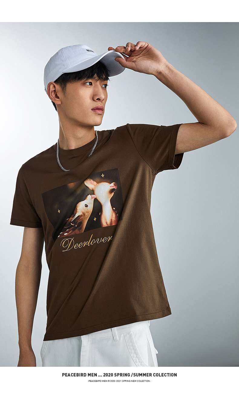 男装夏季新款小鹿印花纯棉短袖t恤男韩版清新时尚短袖t恤764m棕色