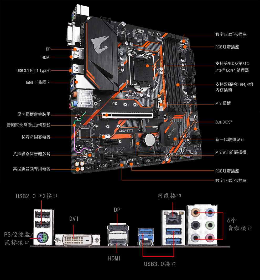 技嘉gigabyteb365meliteaorus小雕电竞游戏主板英特尔酷睿i39100带核