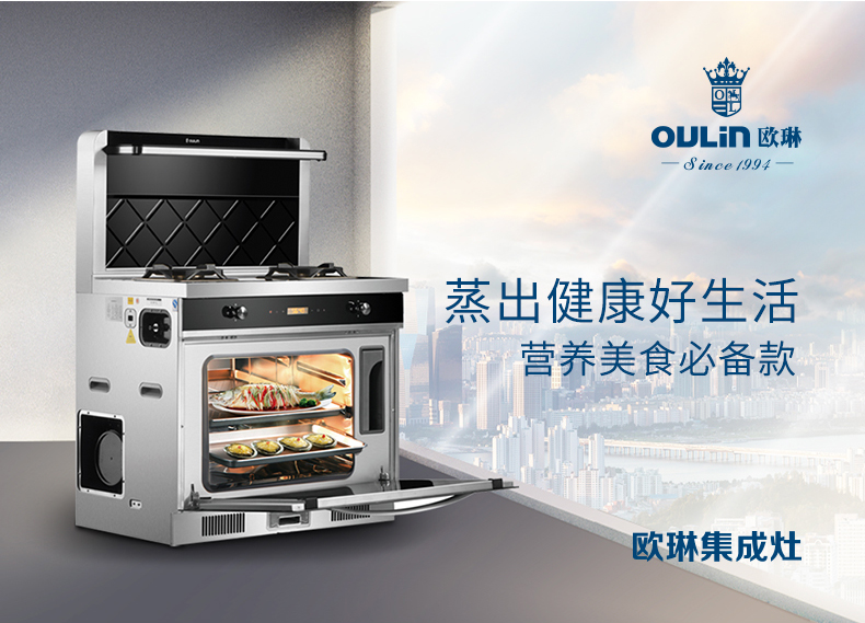 欧琳oulin家用一体式集成灶玻璃台面置物侧吸下排吸力抽油烟机天然