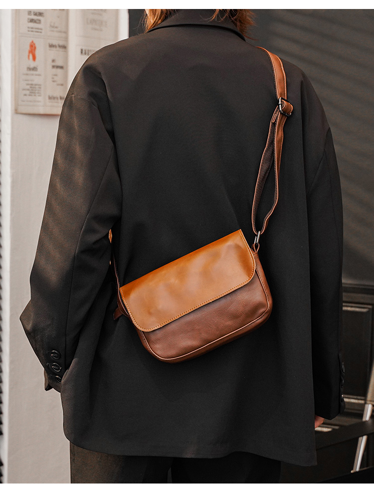 fenghou日系复古pu皮挎包单肩拉链背包男小包休闲斜挎胸包潮男邮差包
