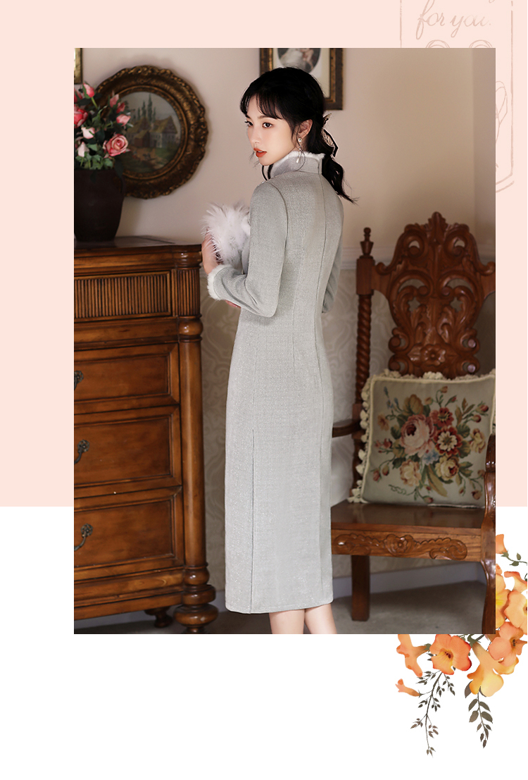 筱姿2022年春季新款2022毛领长袖保暖舒适银灰雪尼尔旗袍复古老上海
