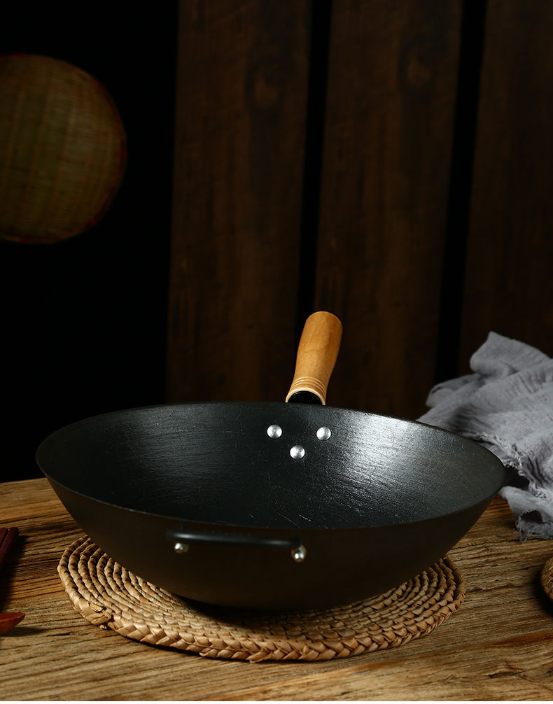 老式生铁锅圆底炒锅不粘锅无涂层传统平底电磁炉煤气灶炒菜大锅具