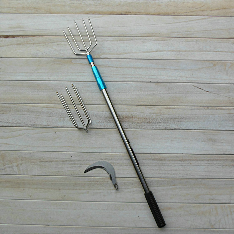 加固1.5米-7米不锈钢抄网杆加厚超硬伸缩鱼叉杆五齿叉头捕鱼镰刀