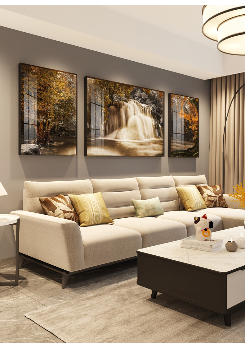 怡茹客厅沙发背景墙装饰画流水瀑布山水画寓意挂画富贵壁画背靠金山画